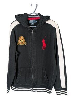 Polo Ralph Lauren Vintage Full Zip Big Pony Embroidered Hoodie Size XL Black/Wh